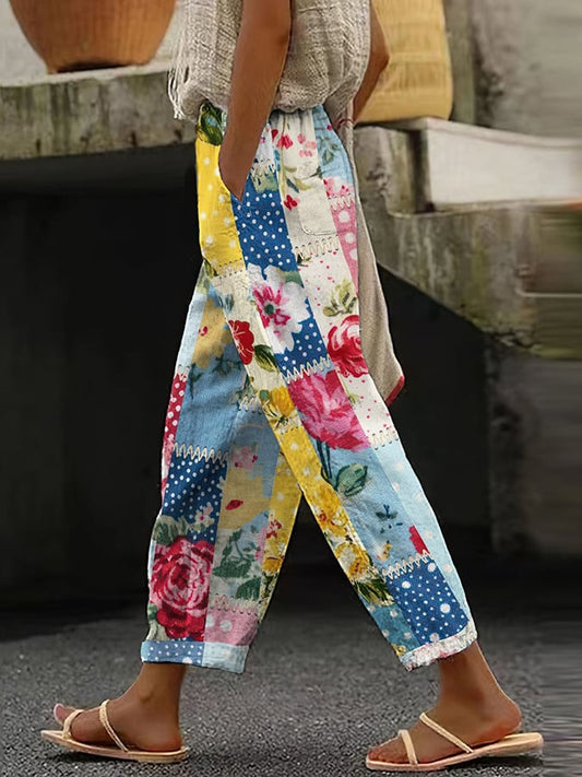 Women's Casual Retro Floral Stitching Printed Pants (With Pockets)
