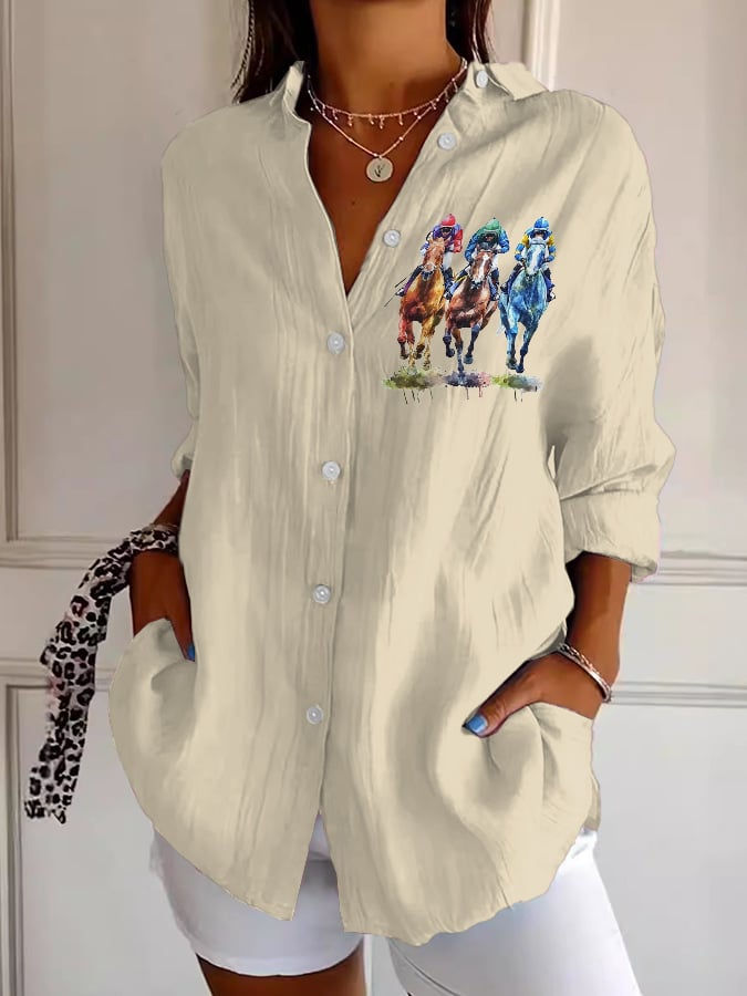 Women's Casual Art Horse Racing Cotton And Linen Shirt