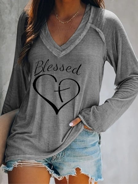 Women's Blessed JESUS has my back V-Neck Casual T-Shirt