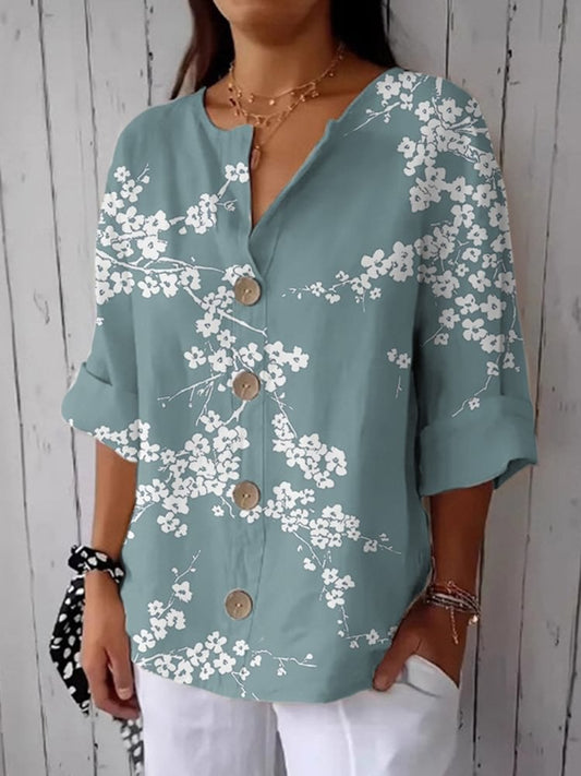 Women's Casual Retro Blue Plum Blossom Shirt