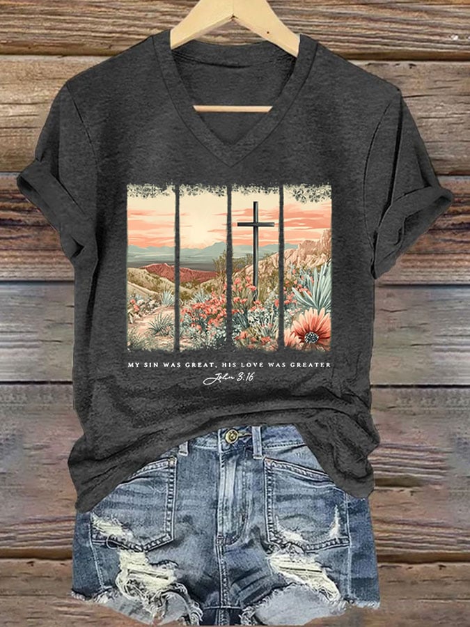 Women'S Casual My Sin Was Great His Love Was Greater Bible Verse Print Short Sleeve T-Shirt