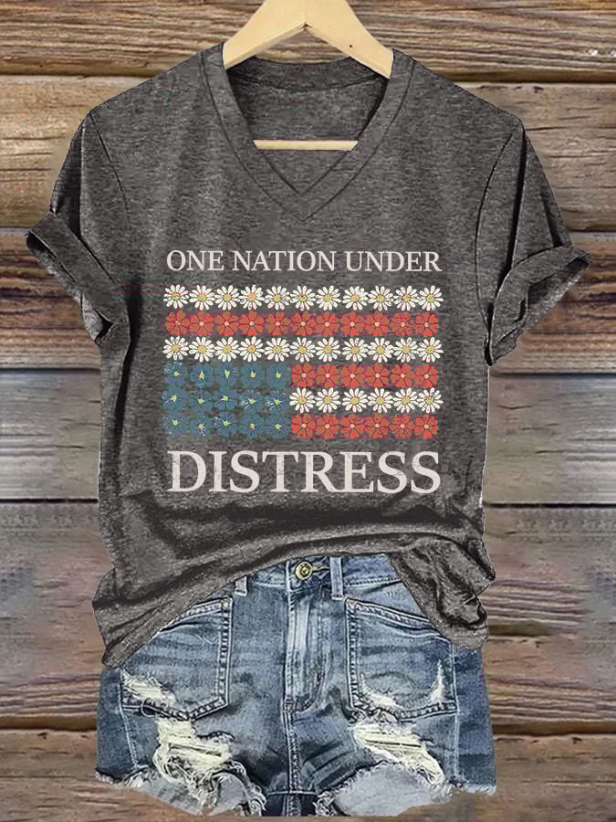 🔥Last Day 49% Off🔥V-neck Retro One Nation Under Distress Print T-Shirt