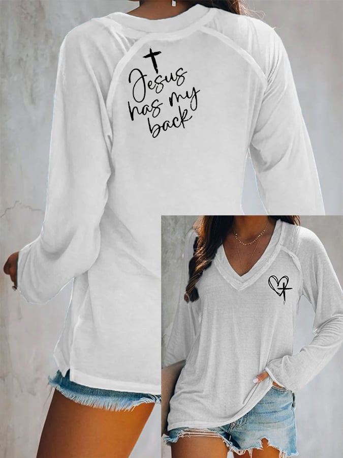Women's Love Like Jesus Jesus Has My Back Casual V-Neck Long-Sleeve T-Shirt