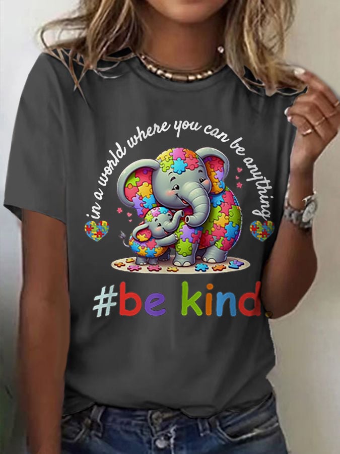 Women's Retro Be Kind Autism Awareness Elephant Print Round Neck T-Shirt