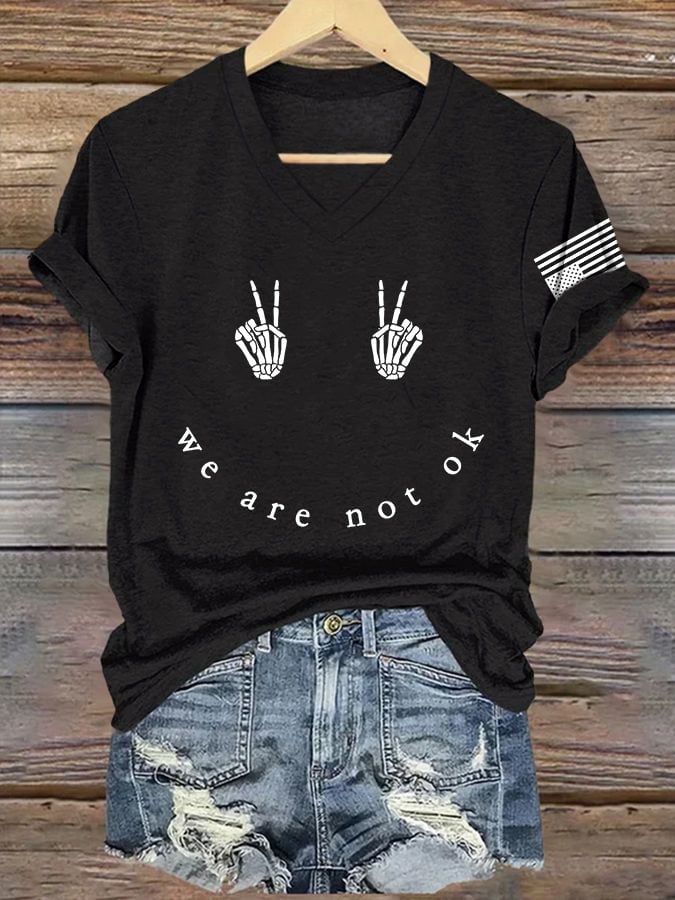 V-Neck Retro Skeleton Hand We Are Not Ok Print T-Shirt