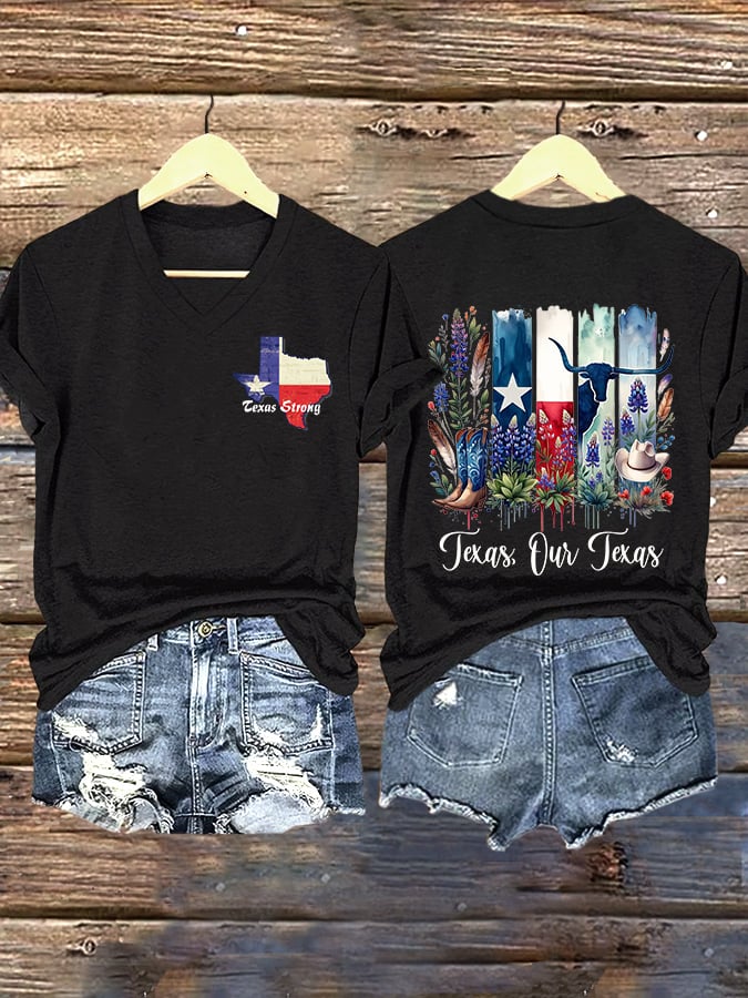 V-Neck Retro Texas Strong Texas Our Texas Print T-Shirt