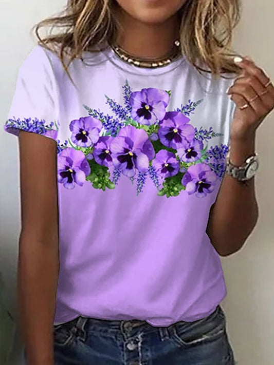 Women's Purple Flower Alzheimer's Awareness Support  Casual O-Neck Tee