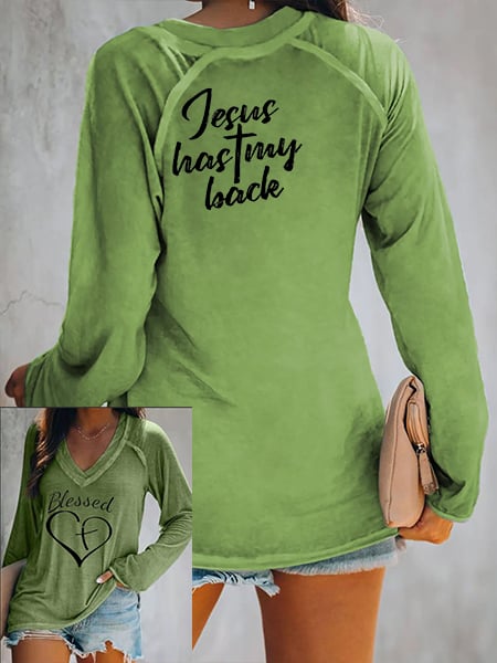 Women's Blessed JESUS has my back V-Neck Casual T-Shirt