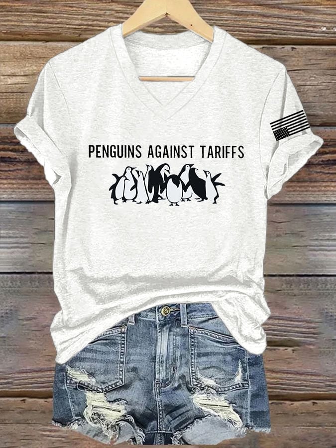 V-Neck Retro Penguins Against Tariffs Print T-Shirt