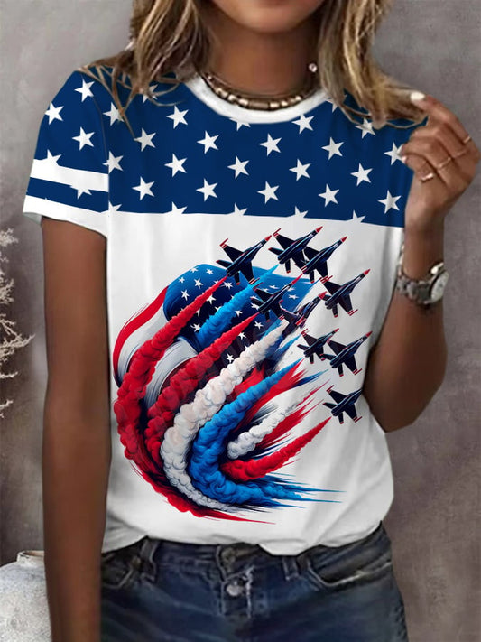 Women's American Flag Jet Fighter Print Round Neck T-Shirt