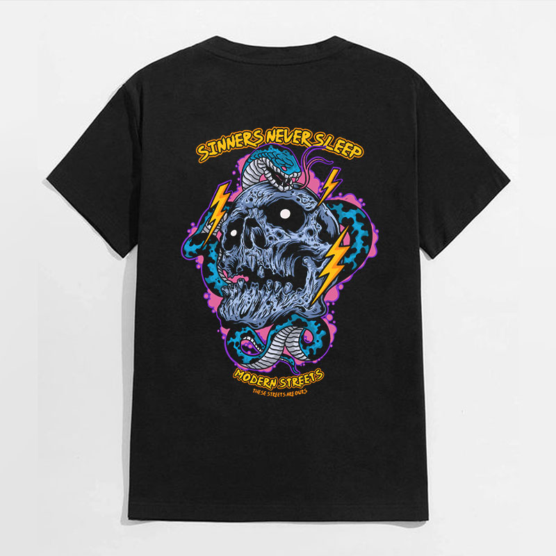 SINNERS NEVER SLEEP Skull with Snake Black Print T-shirt