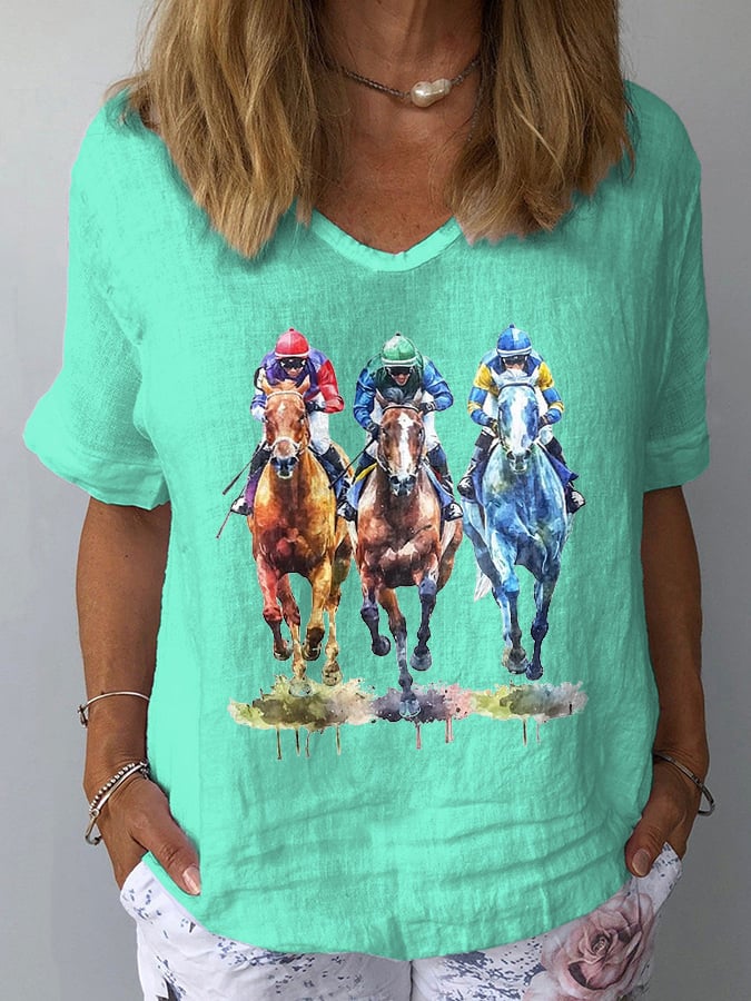 Women's Horse Racing Print Casual V-Neck Cotton and Linen Top