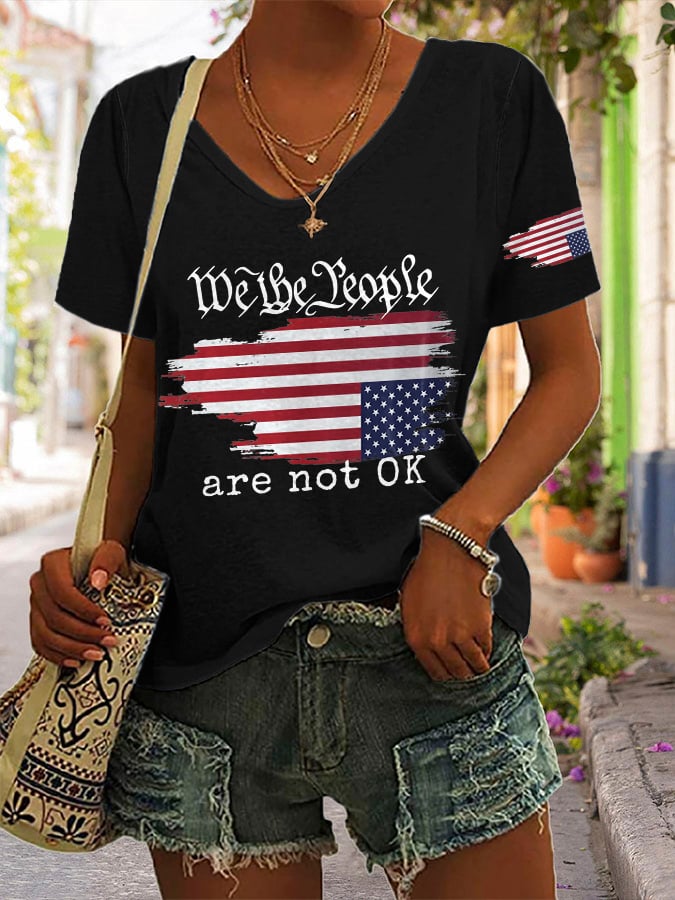 V-neck Retro We The People Are Not Ok Print T-Shirt