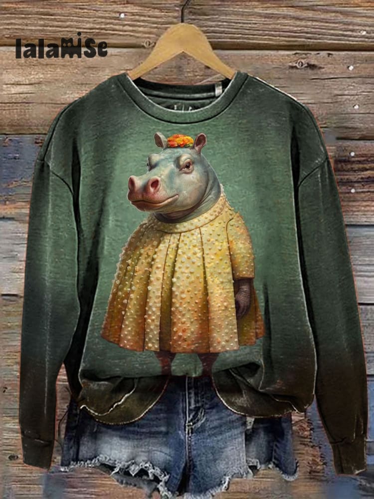 Funny Hippo Cute Lady Hippopotamus Art Pattern Print Casual T-shirt