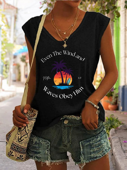 Women's Casual Christian Bible Verse Palm Tree Print Tank Top