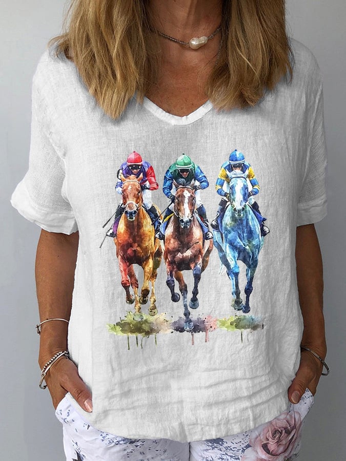 Women's Horse Racing Print Casual V-Neck Cotton and Linen Top