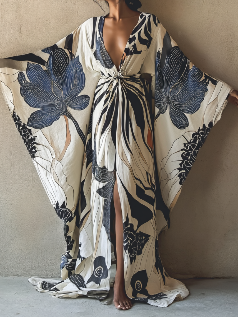 Indigo Haiku Kimono Linen Long Gown Robe With Belt