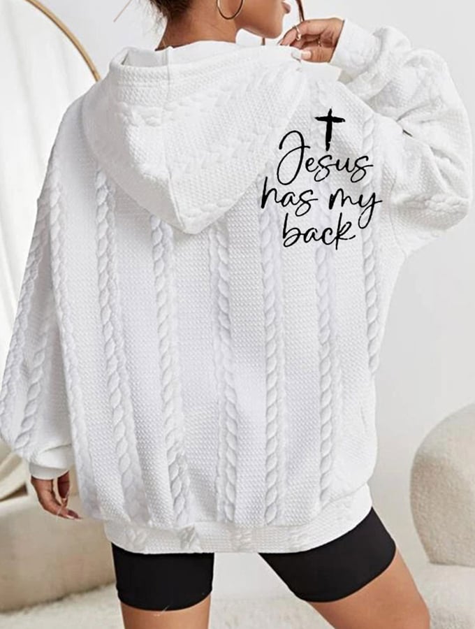 Women's Faith Jesus Has My Back Printed Casual Cable Hoodie