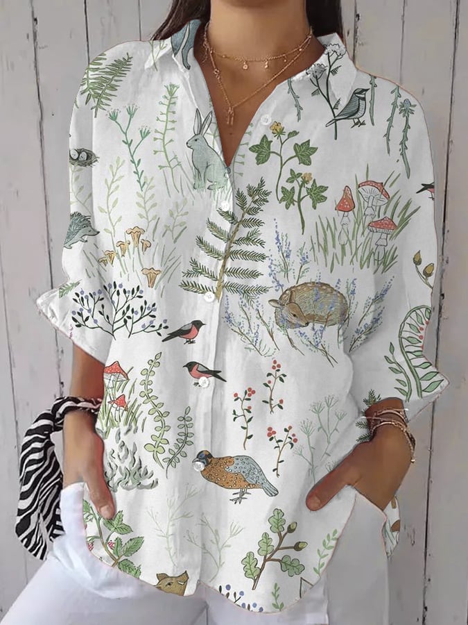 Women's Casual Retro Forest Animal Print Cotton And Linen Shirt
