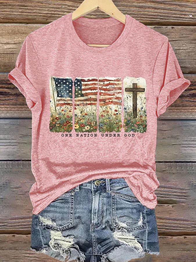 Women'S Casual One Nation Under God Faith Graphic Print Short Sleeve T-Shirt