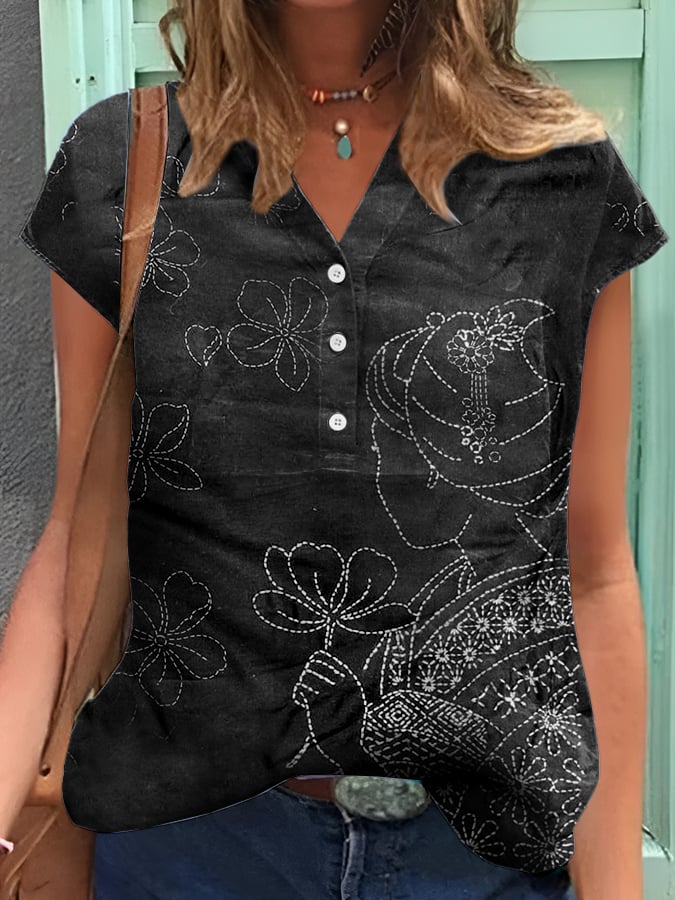 Women's Casual Vintage Japanese Art Print Shirt
