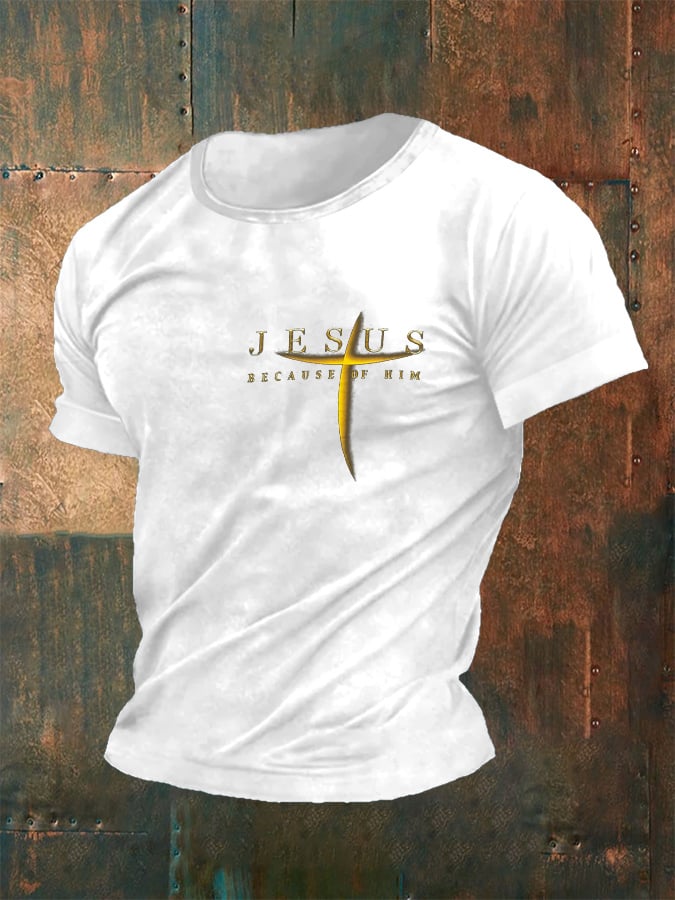 Men's Vintage Faith “Jesus Because Of Him”” Print Casual T-Shirt
