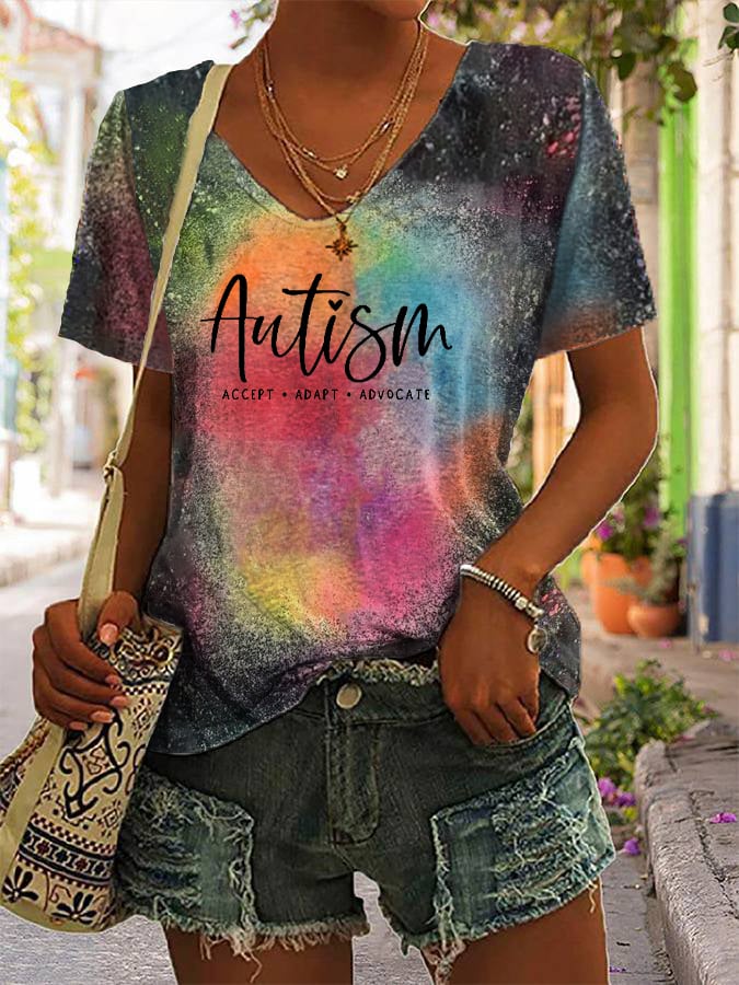 Women's Autism Awareness Autism Accept Adapt Advocate V-Neck T-Shirt