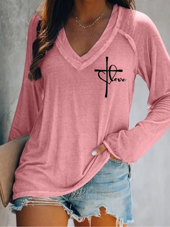 Women's Love Like Jesus Jesus Has My Back Casual V-Neck Long-Sleeve T-Shirt