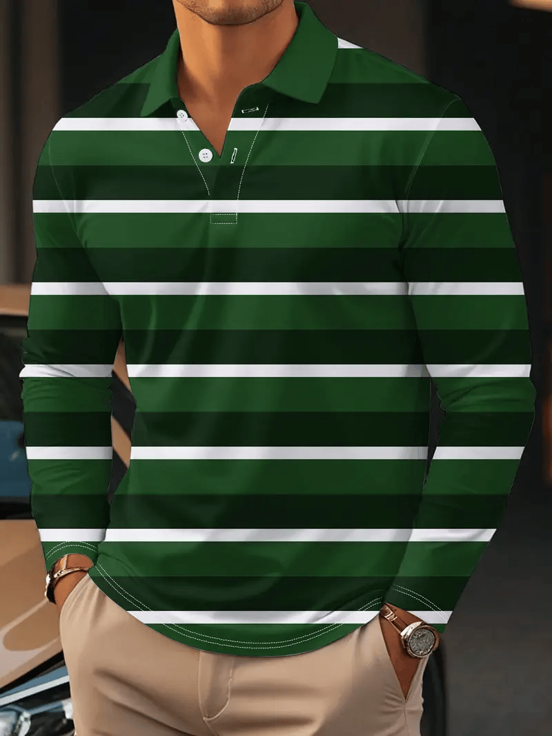 Men's Retro Business Stripe Print Long Sleeve POLO Shirt