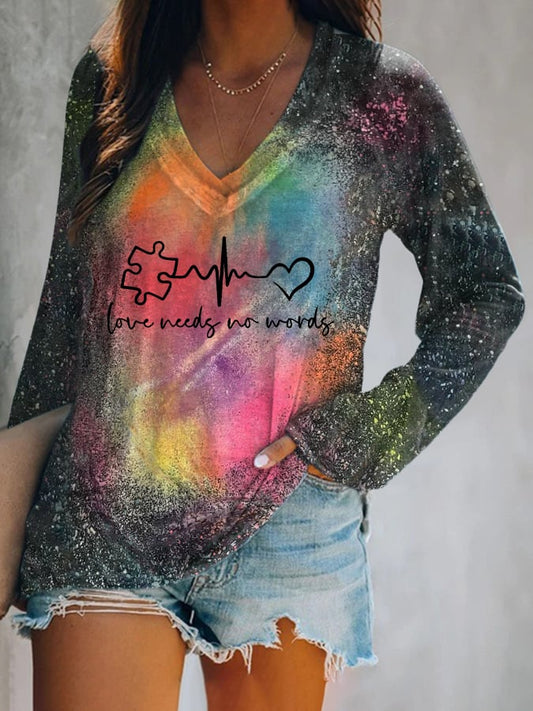 Women's Love Needs No Words Autism Awareness Print Casual T-Shirt