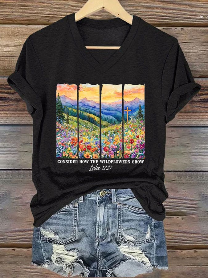 Women'S Casual Consider The Wildflowers Christian Print Short Sleeve T-Shirt