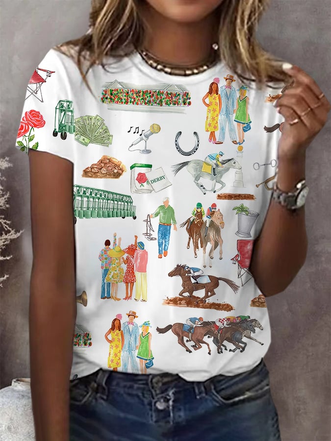 Women's Retro Derby Day Printed Short-Sleeved T-Shirt
