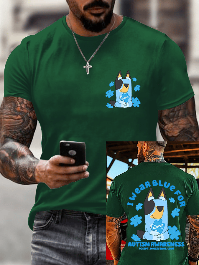 Men's Retro Autism Awareness I Wear Blue For Autism Printed Round Neck T-Shirt