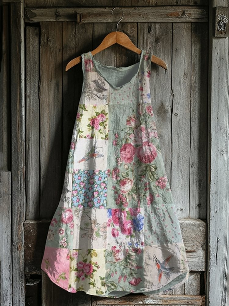 Women's Vintage Floral Patchwork Art Linen Blend Tank Dress
