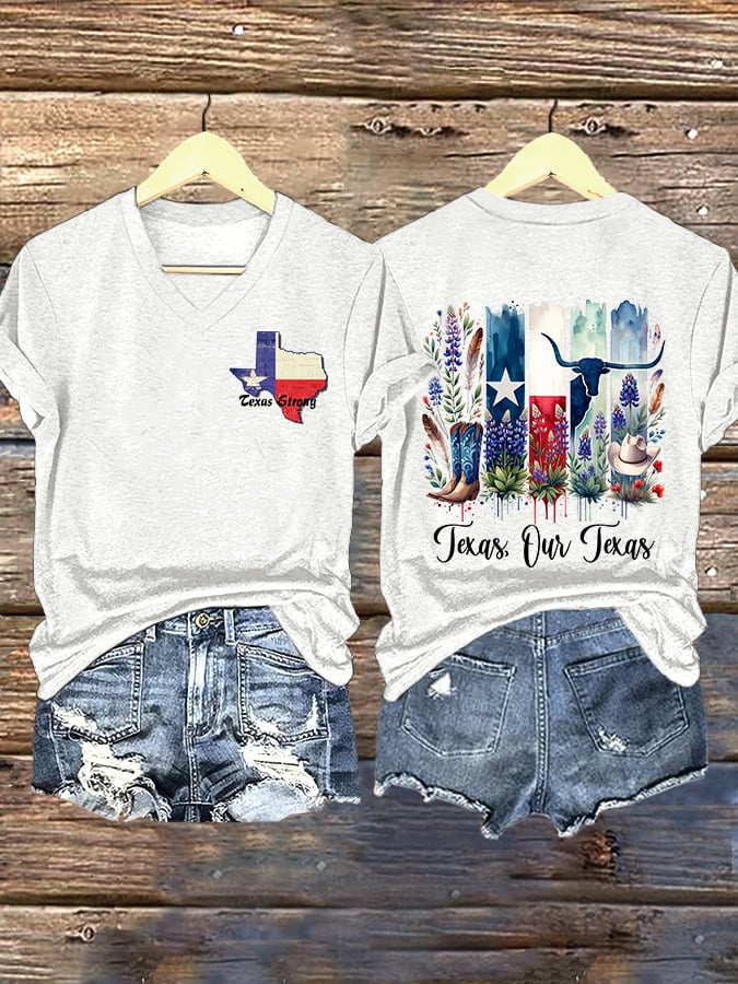 V-Neck Retro Texas Strong Texas Our Texas Print T-Shirt