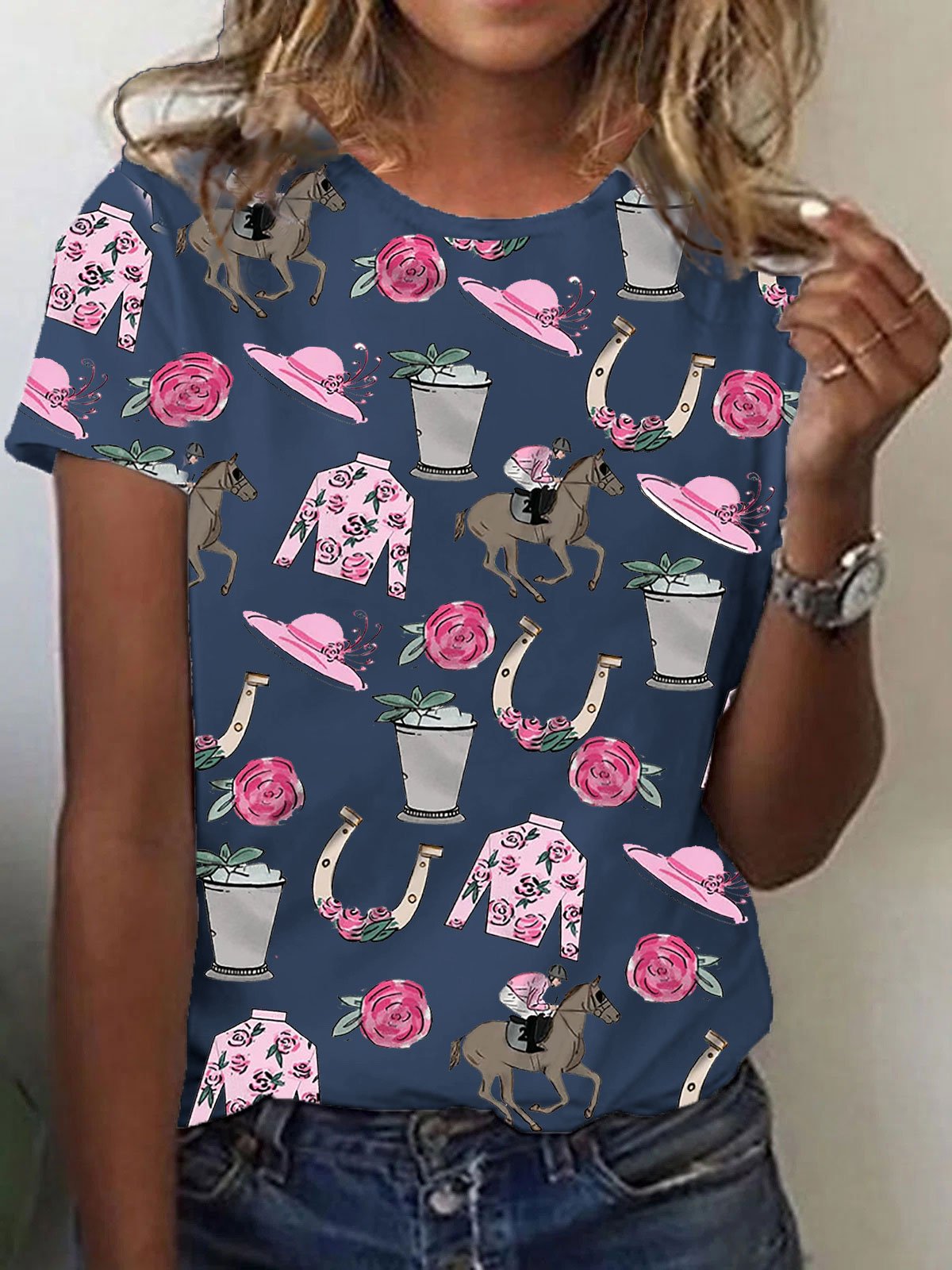 Women's Derby Horse painting print crew neck T-shirt