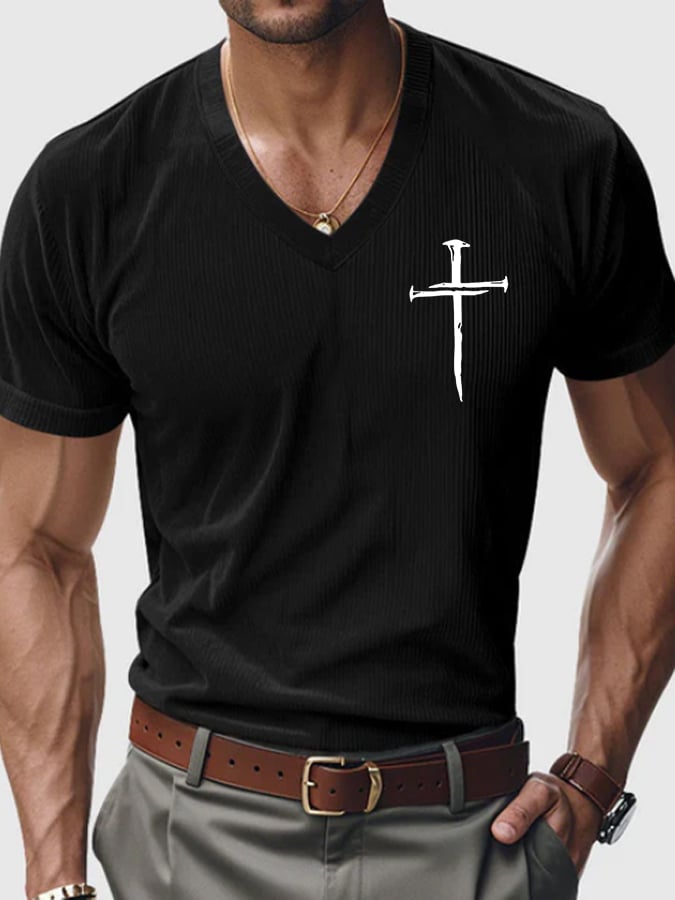 Men's Faith Cross Printed V-Neck T-Shirt