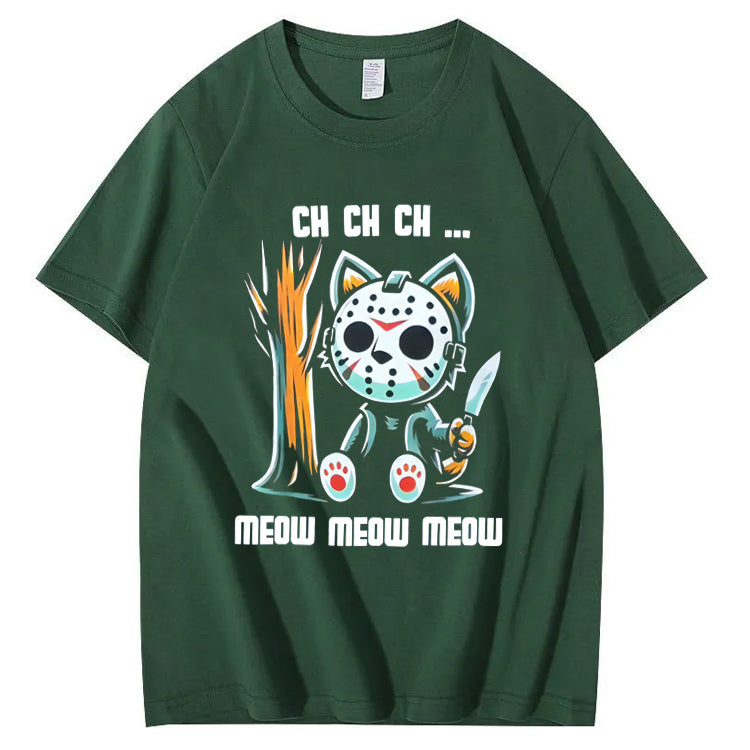 Halloween Funny Cat Lovers Ch Ch Ch Pattern 100% Cotton T-Shirt