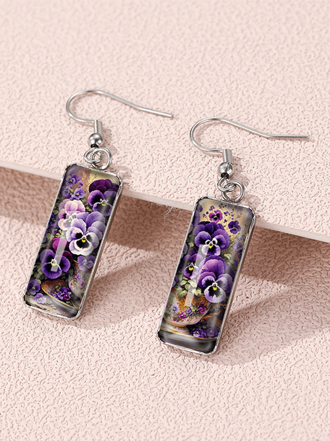 Purple Square Pansy Design Earrings