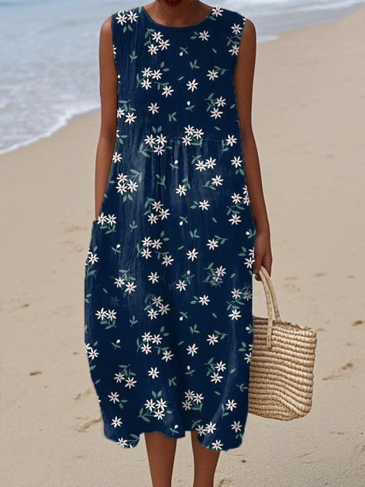 Women's Casual Retro Blue Floral Dress