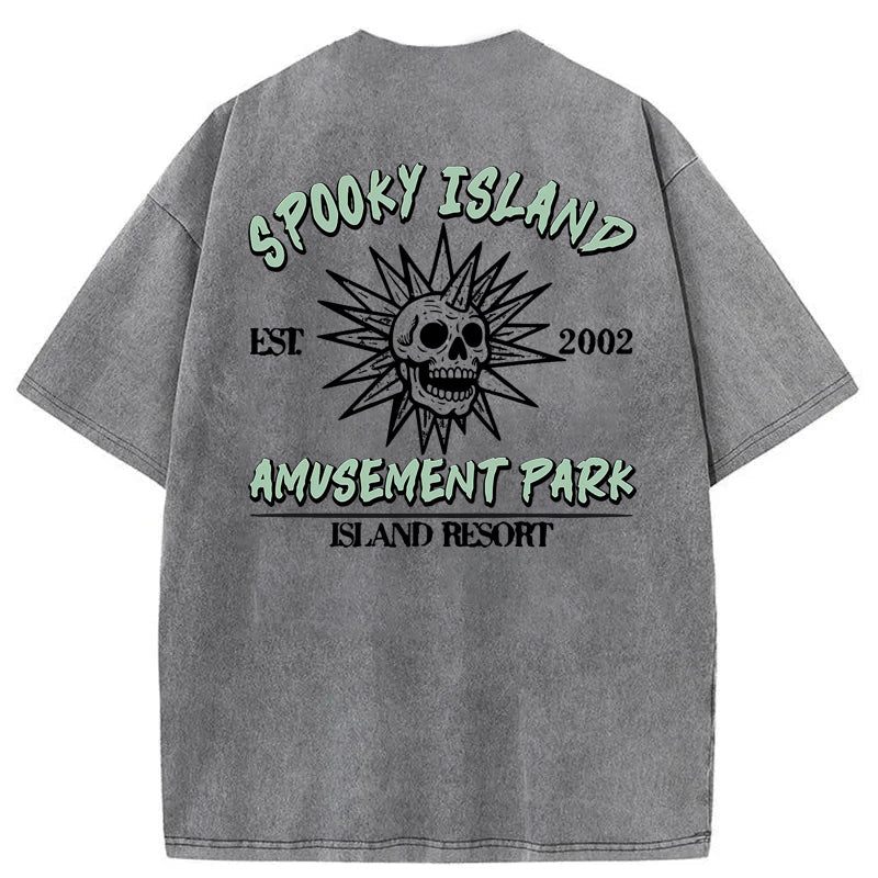 Spooky Island Cartoon Halloween Washed Cotton T-Shirt