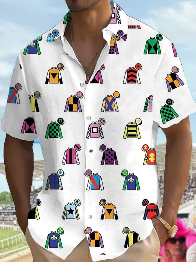 Men's Derby Day Horse Racing Colorful Jockey Print Casual Shirt
