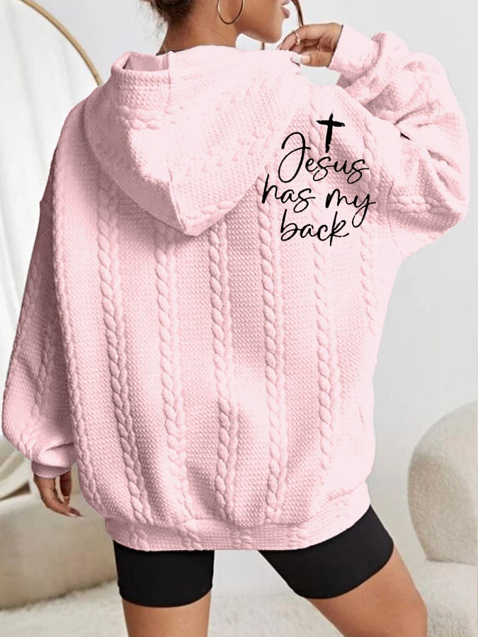 Women's Faith Jesus Has My Back Printed Casual Cable Hoodie