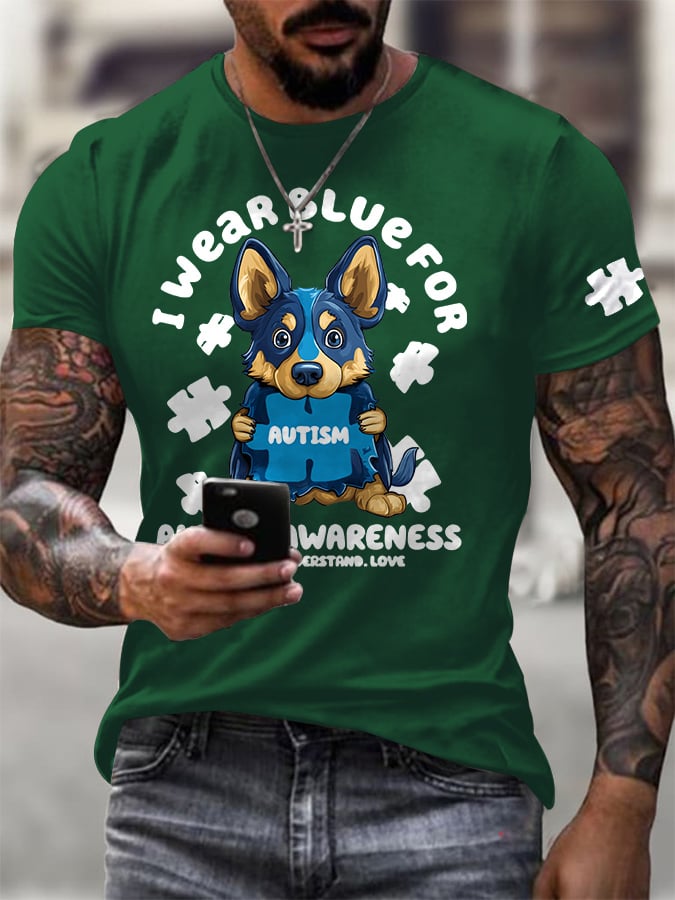 Men's Retro I Wear Blue For The Month Of April For Autism Print Casual Round Neck T-Shirt