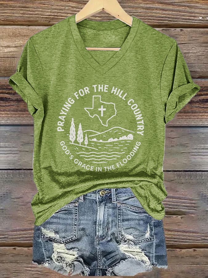 V-Neck Retro Texas Strong Praying For The Hill Country God’s Grace In The Flooding Print T-Shirt