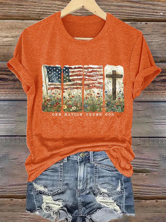 Women'S Casual One Nation Under God Faith Graphic Print Short Sleeve T-Shirt