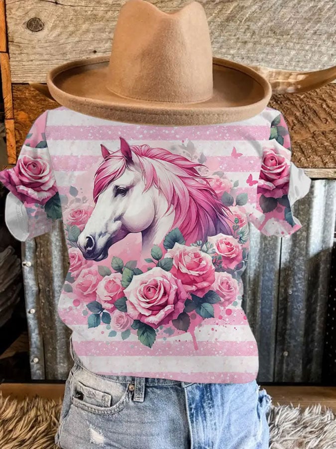 Women's Horse Racing Print Casual T-Shirt