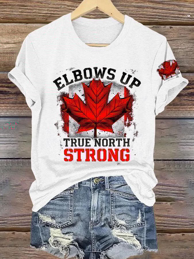 Women's Retro Elbows Up True North Strong Print T-Shirt