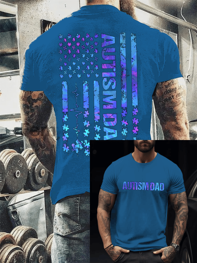 Men's Retro Autism Puzzle Piece American Flag Autism Awareness Printed Round Neck T-Shirt