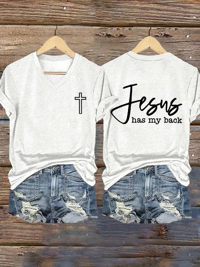 Women's Jesus Has My Back Printed Casual V-Neck T-Shirt